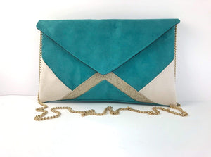 Fil des toiles Pochette Sac pochette de soirée  écru et vert lagon et paillettes dorées avec chaîne