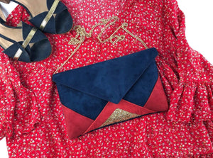 Fil des toiles Pochette Sac pochette de soirée mariage bleu marine et rouge et paillettes dorées