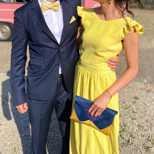 Fil des toiles Pochette Sac pochette de soirée  mariage bleu marine, moutarde, jaune et paillettes dorées