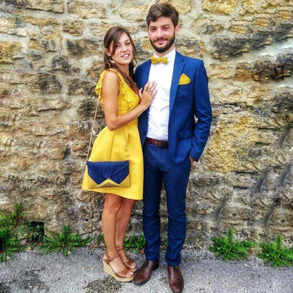 Fil des toiles Pochette Sac pochette de soirée  mariage bleu marine, moutarde, jaune et paillettes dorées