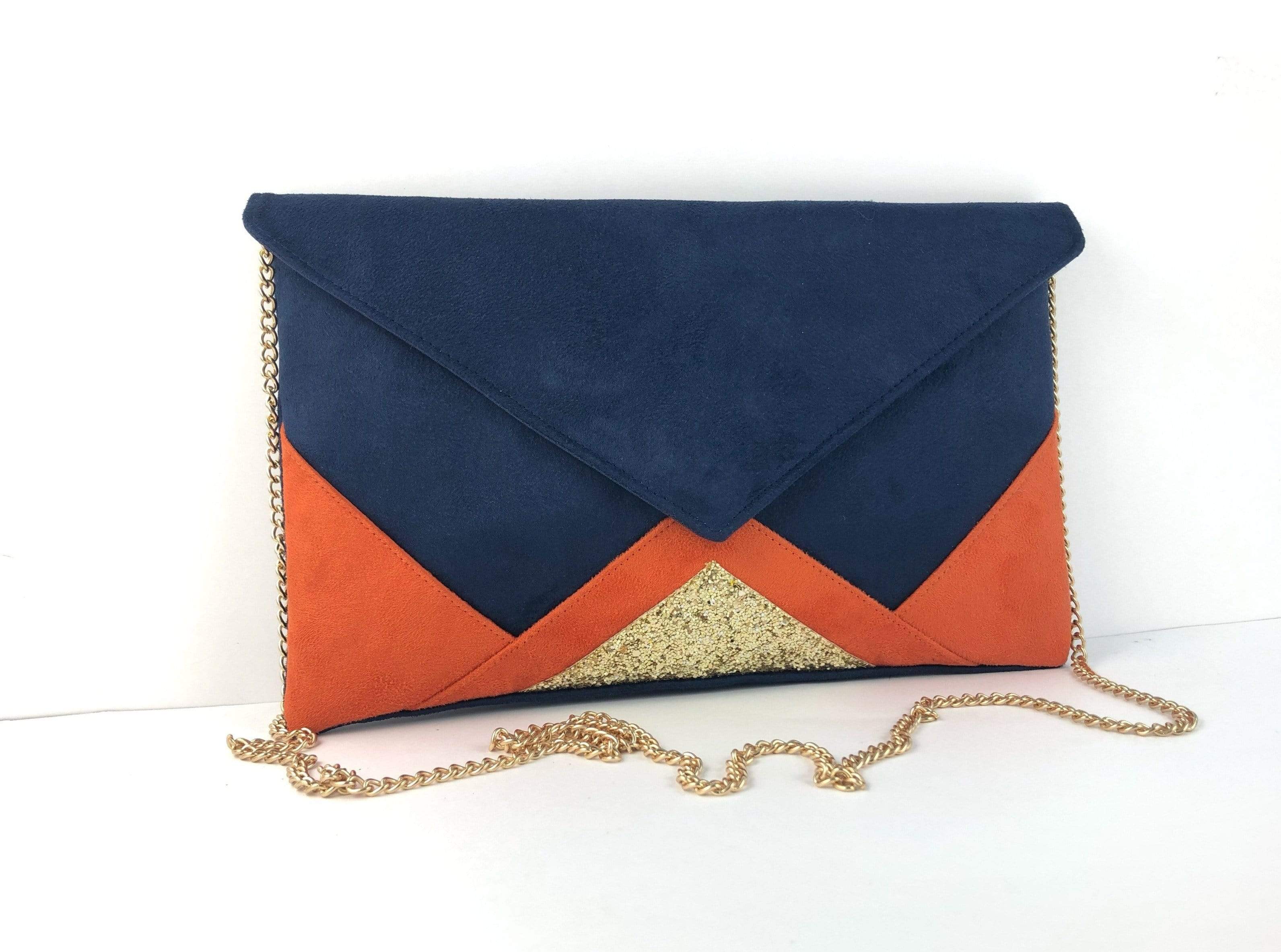 Sac pochette mariage bleu marine orange et paillettes dorees Fil des toiles