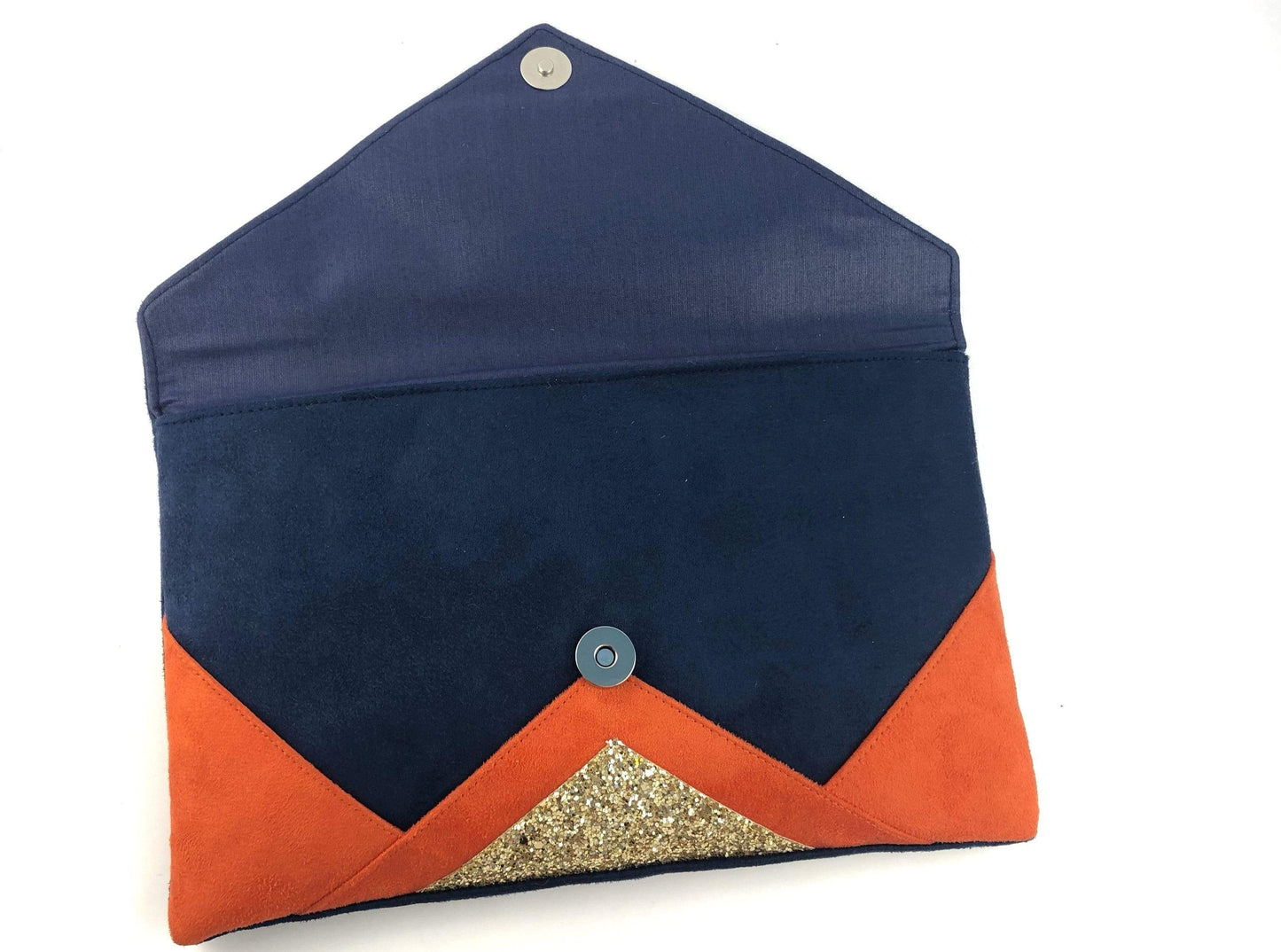 Fil des toiles Pochette Sac pochette de soirée  mariage bleu marine, orange et paillettes dorées