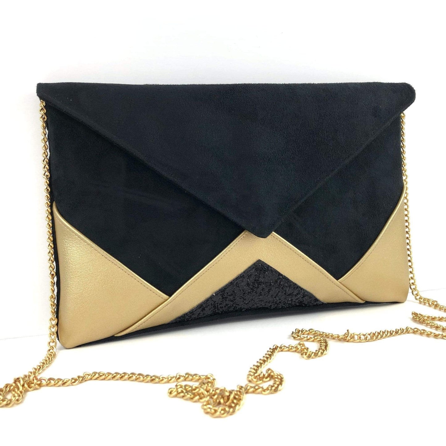 Fil des toiles Pochette Sac pochette de soirée  noir et simili cuir champagne doré et paillettes noires