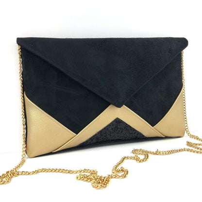 Fil des toiles Pochette Sac pochette de soirée  noir et simili cuir champagne doré et paillettes noires