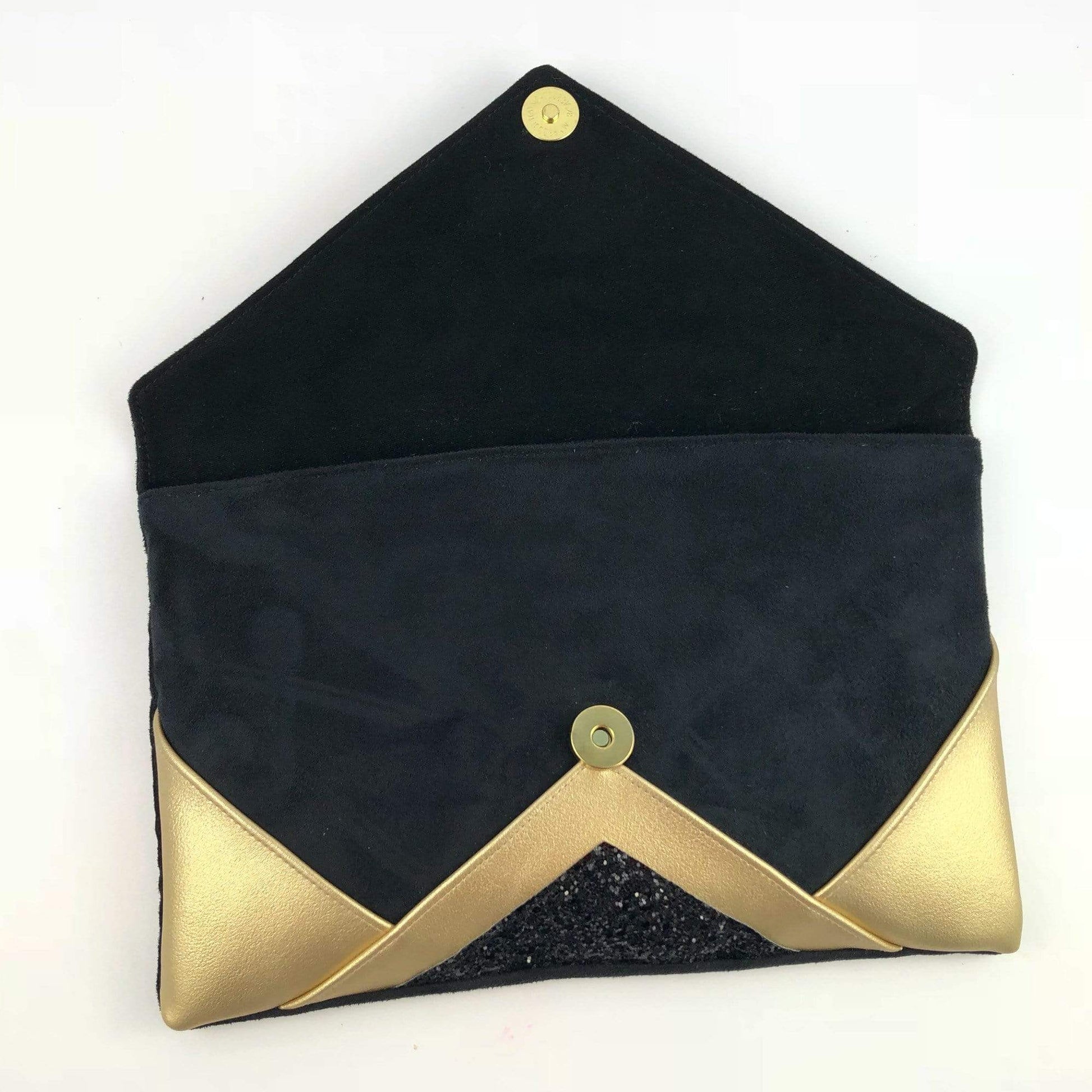 Fil des toiles Pochette Sac pochette de soirée  noir et simili cuir champagne doré et paillettes noires