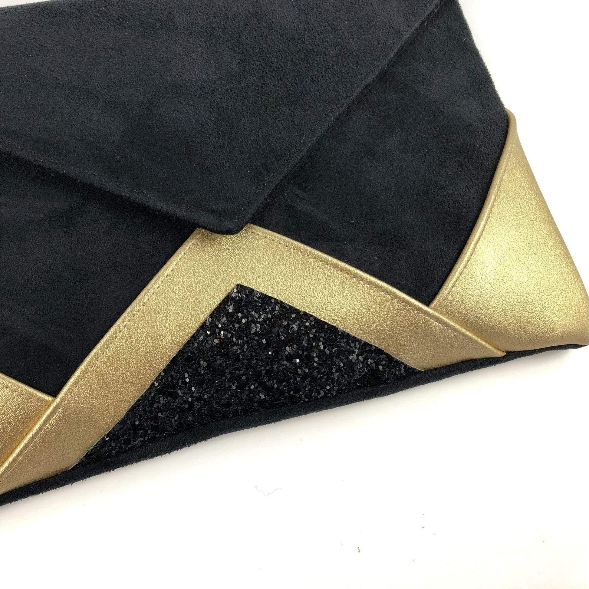 Fil des toiles Pochette Sac pochette de soirée  noir et simili cuir champagne doré et paillettes noires