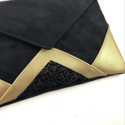 Fil des toiles Pochette Sac pochette de soirée  noir et simili cuir champagne doré et paillettes noires