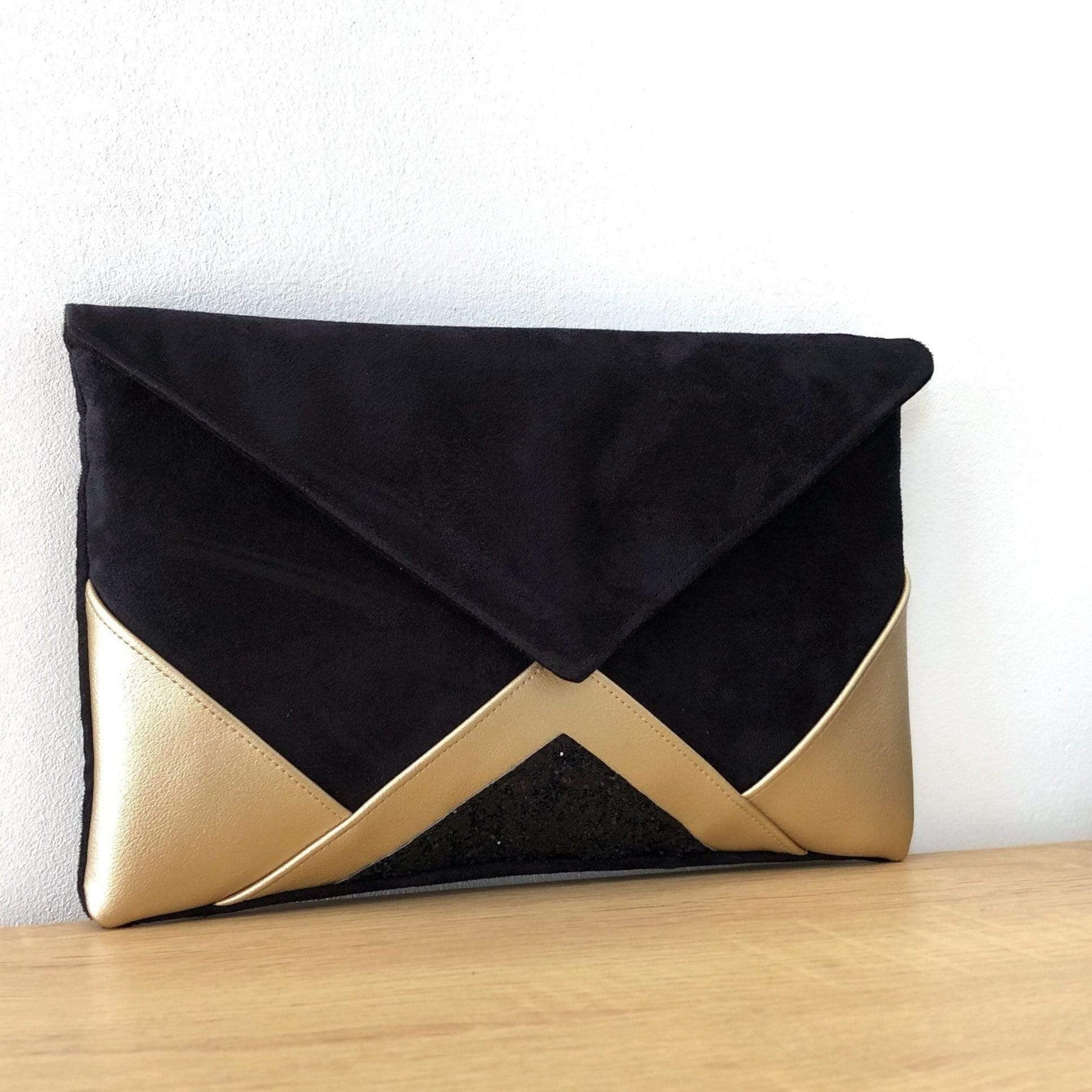 Fil des toiles Pochette Sac pochette de soirée  noir et simili cuir champagne doré et paillettes noires