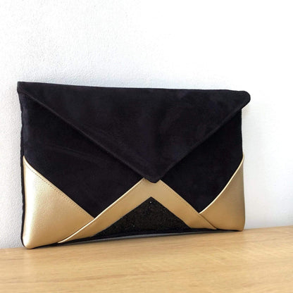 Fil des toiles Pochette Sac pochette de soirée  noir et simili cuir champagne doré et paillettes noires