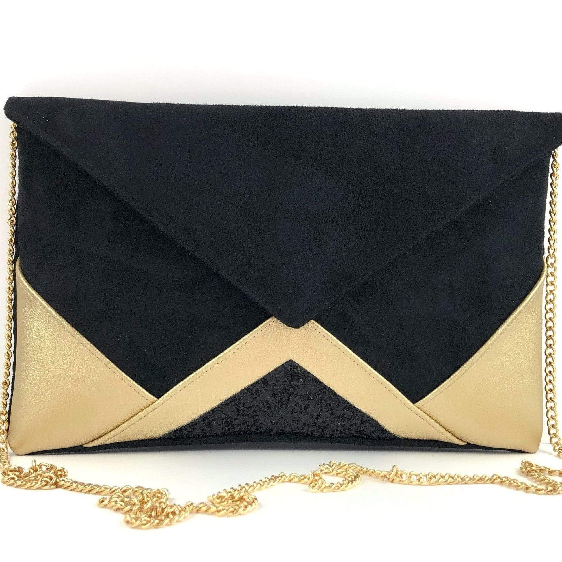 Fil des toiles Pochette Sac pochette de soirée  noir et simili cuir champagne doré et paillettes noires