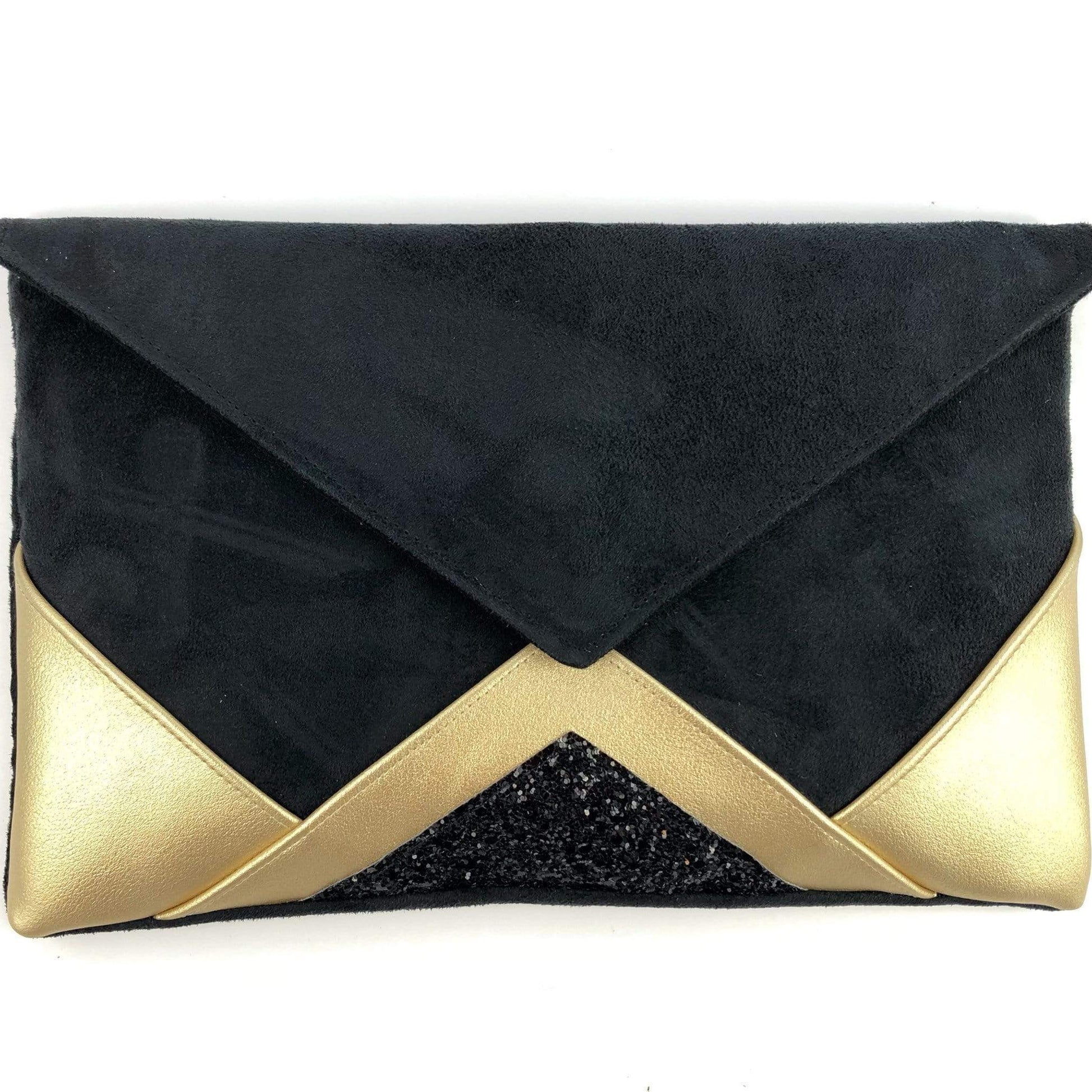 Fil des toiles Pochette Sac pochette de soirée  noir et simili cuir champagne doré et paillettes noires
