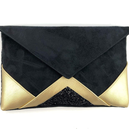 Fil des toiles Pochette Sac pochette de soirée  noir et simili cuir champagne doré et paillettes noires