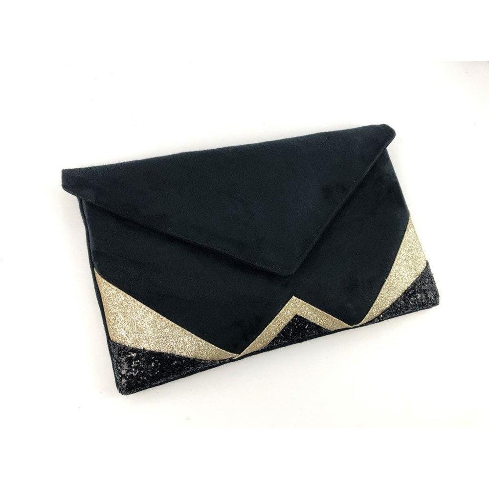 Fil des toiles Pochette Sac pochette de soirée  noire et paillettes dorées avec chaîne