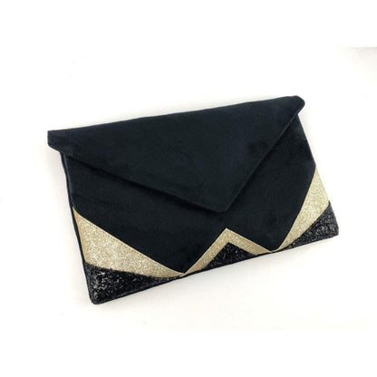 Fil des toiles Pochette Sac pochette de soirée  noire et paillettes dorées avec chaîne