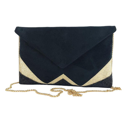 Fil des toiles Pochette Sac pochette de soirée  noire et paillettes dorées avec chaîne