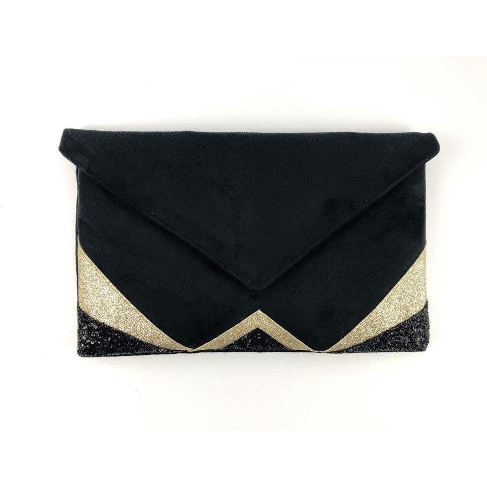 Fil des toiles Pochette Sac pochette de soirée  noire et paillettes dorées avec chaîne