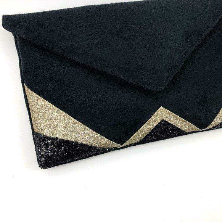 Fil des toiles Pochette Sac pochette de soirée  noire et paillettes dorées avec chaîne