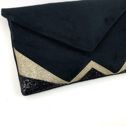 Fil des toiles Pochette Sac pochette de soirée  noire et paillettes dorées avec chaîne
