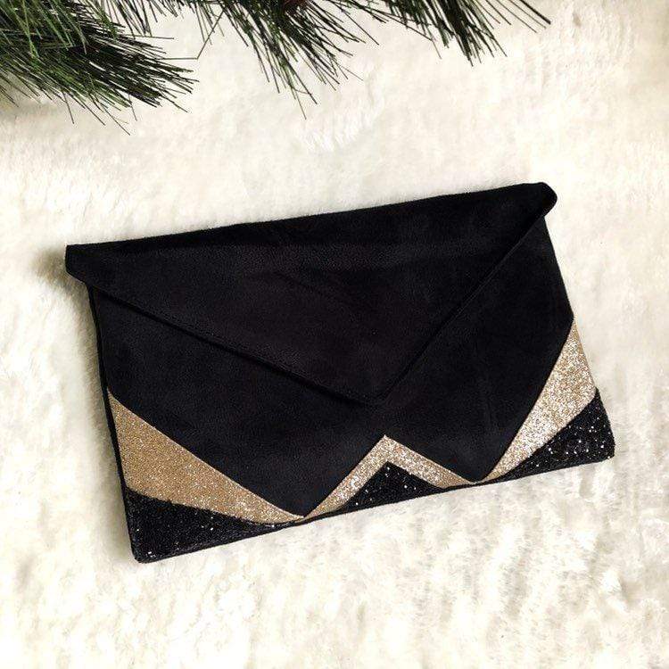 Fil des toiles Pochette Sac pochette de soirée  noire et paillettes dorées avec chaîne