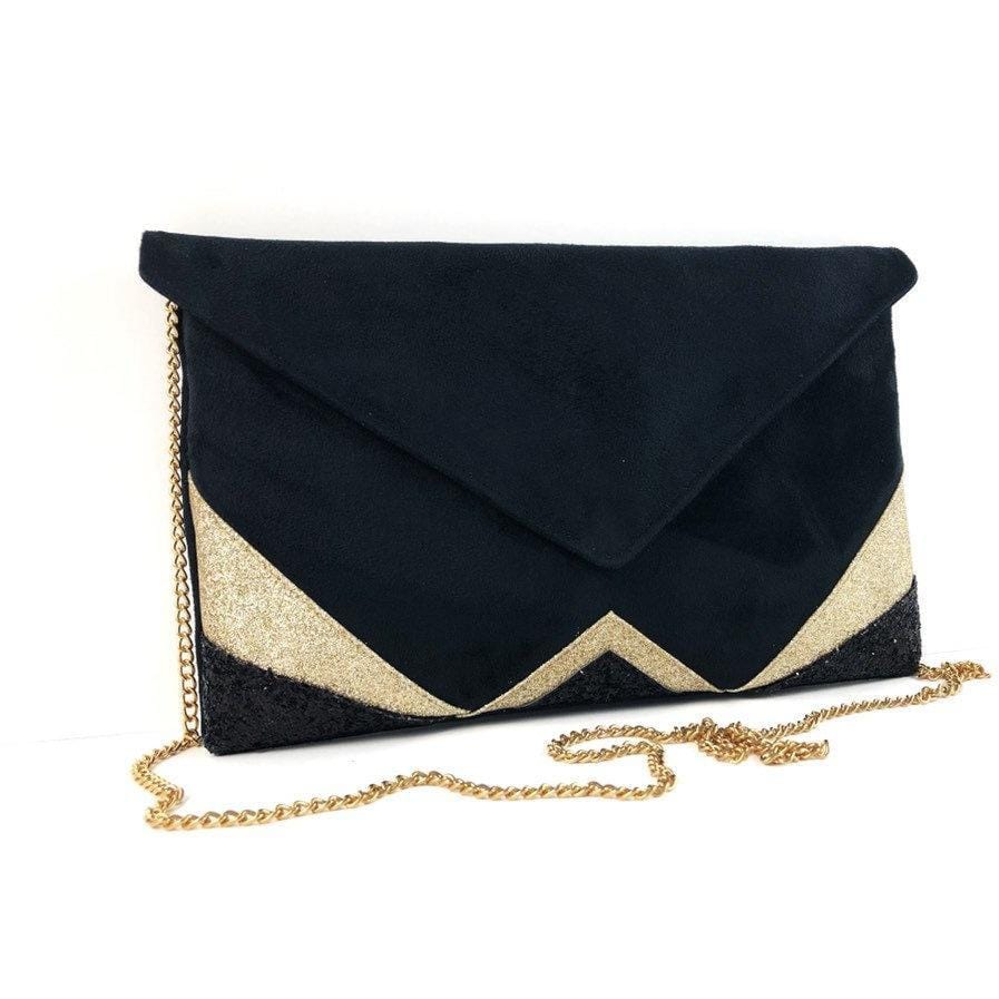 Fil des toiles Pochette Sac pochette de soirée  noire et paillettes dorées avec chaîne