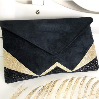 Fil des toiles Pochette Sac pochette de soirée  noire et paillettes dorées avec chaîne