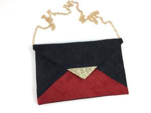Fil des toiles Pochette Sac pochette de soirée rouge et noir en suédine paillettes dorées