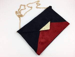 Fil des toiles Pochette Sac pochette de soirée rouge et noir en suédine paillettes dorées