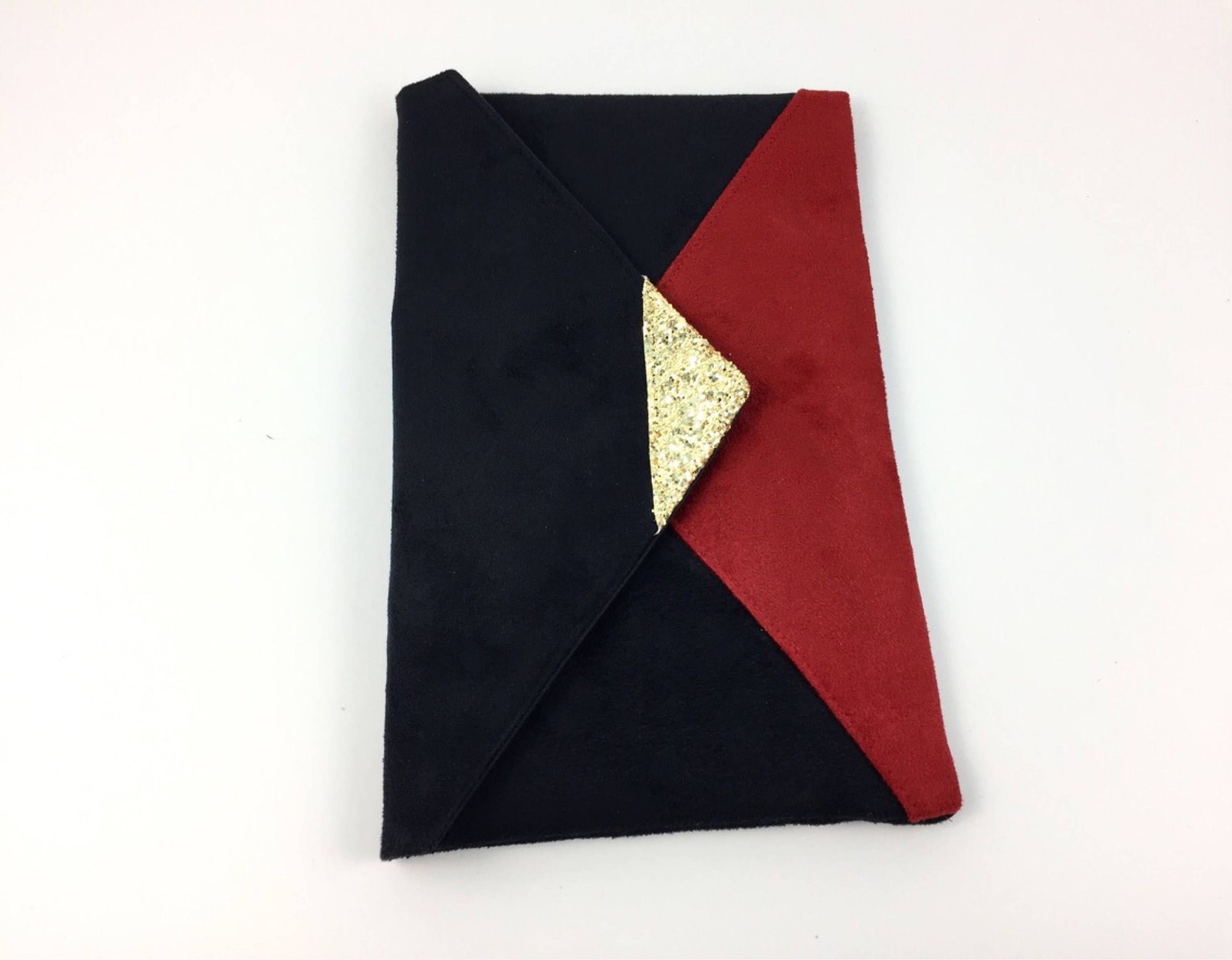 Fil des toiles Pochette Sac pochette de soirée rouge et noir en suédine paillettes dorées