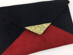 Fil des toiles Pochette Sac pochette de soirée rouge et noir en suédine paillettes dorées