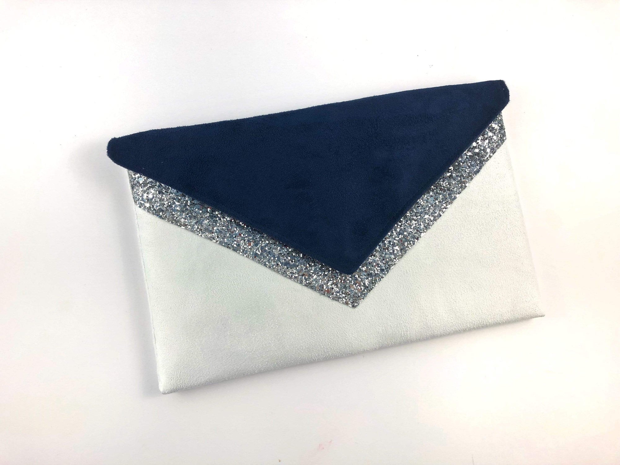 Fil des toiles Pochette Sac pochette mariage blanche bleu marine paillettes  argentées