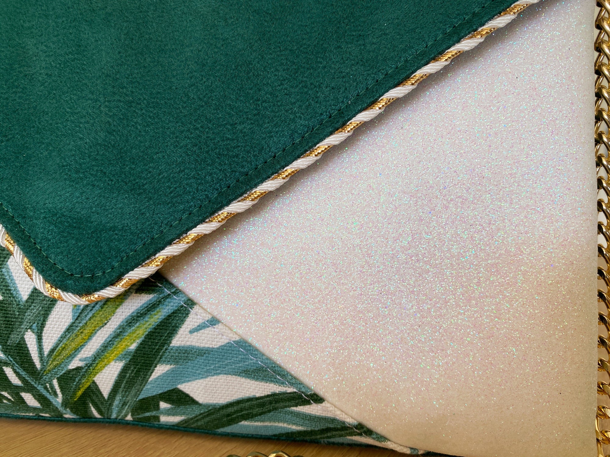 Fil des toiles Pochette Sac pochette mariage blanche et verte motif tropical
