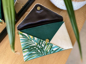 Fil des toiles Pochette Sac pochette mariage blanche et verte motif tropical