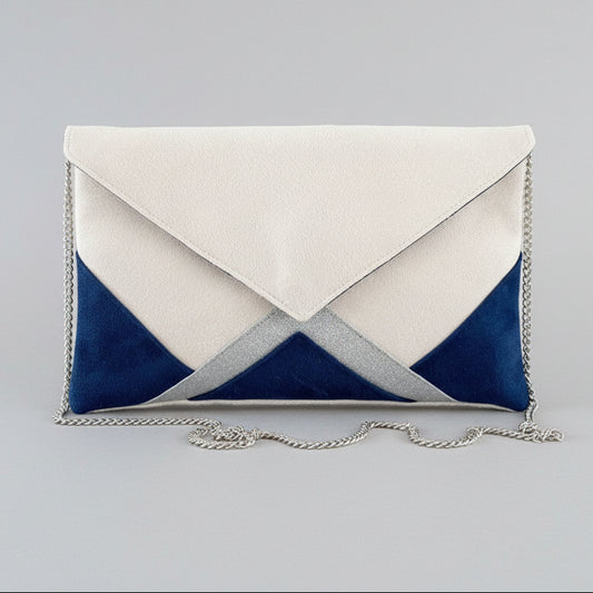 Fil des toiles Pochette Sac pochette mariage bleu marine, écru et fines paillettes argentées avec chaîne