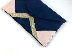 Fil des toiles Pochette Sac pochette mariage bleu marine et rose poudré et paillettes dorées avec chaîne