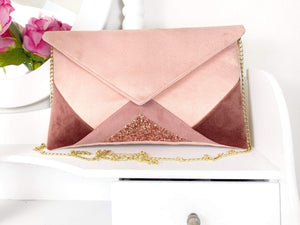 Fil des toiles Pochette Sac pochette mariage rose pâle, vieux rose et paillettes rose gold