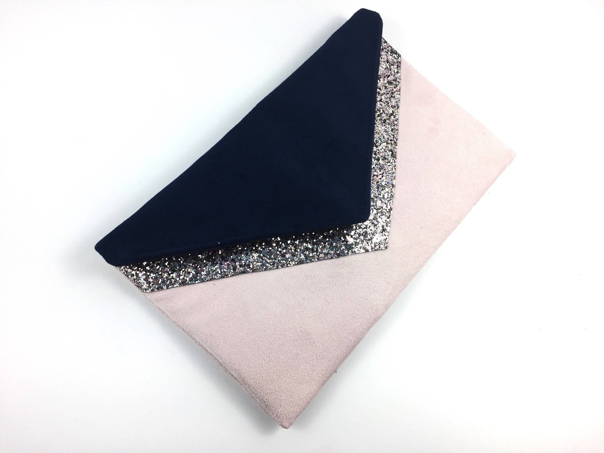Fil des toiles Pochette Sac pochette mariage rose poudré bleu marine paillettes rose argentées