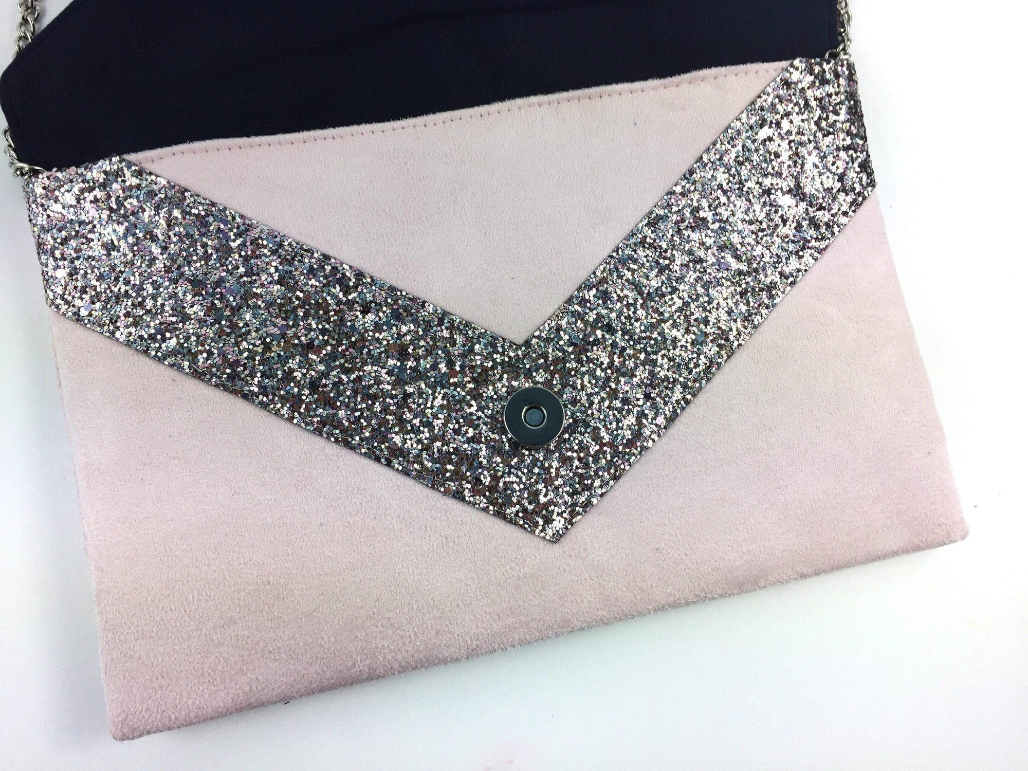 Fil des toiles Pochette Sac pochette mariage rose poudré bleu marine paillettes rose argentées