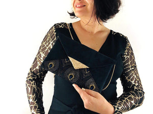 Fil des toiles Pochette Sac pochette noir et tissu jacquard motif queue de paon avec chaîne