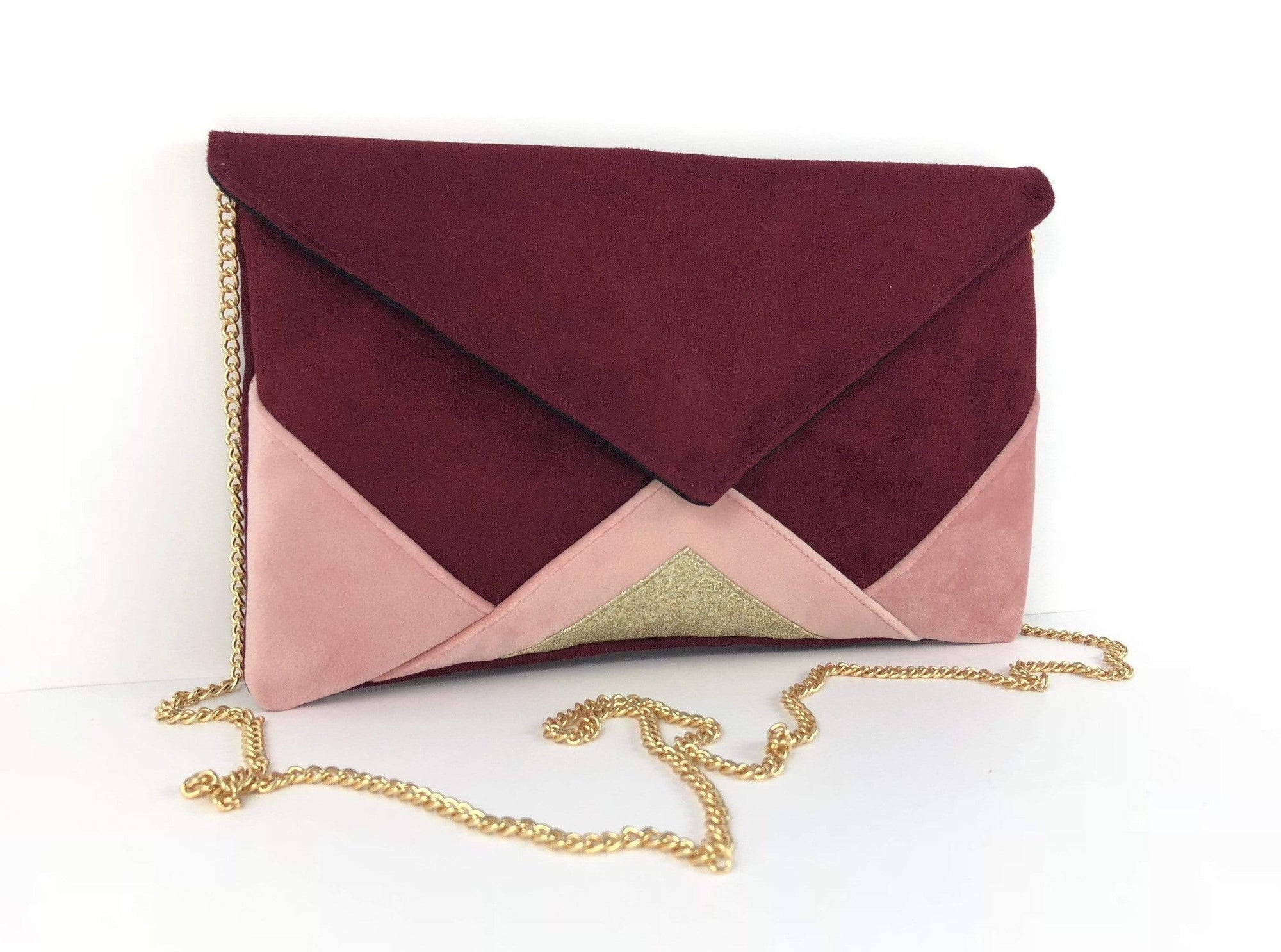 Fil des toiles Pochette Sac pochette pour femme bordeaux et rose clair et paillettes dorées
