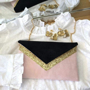Fil des toiles Pochette Sac pochette rose et noir et paillettes dorées avec chaîne