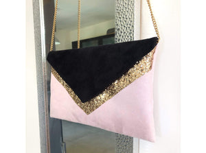 Fil des toiles Pochette Sac pochette rose et noir et paillettes dorées avec chaîne