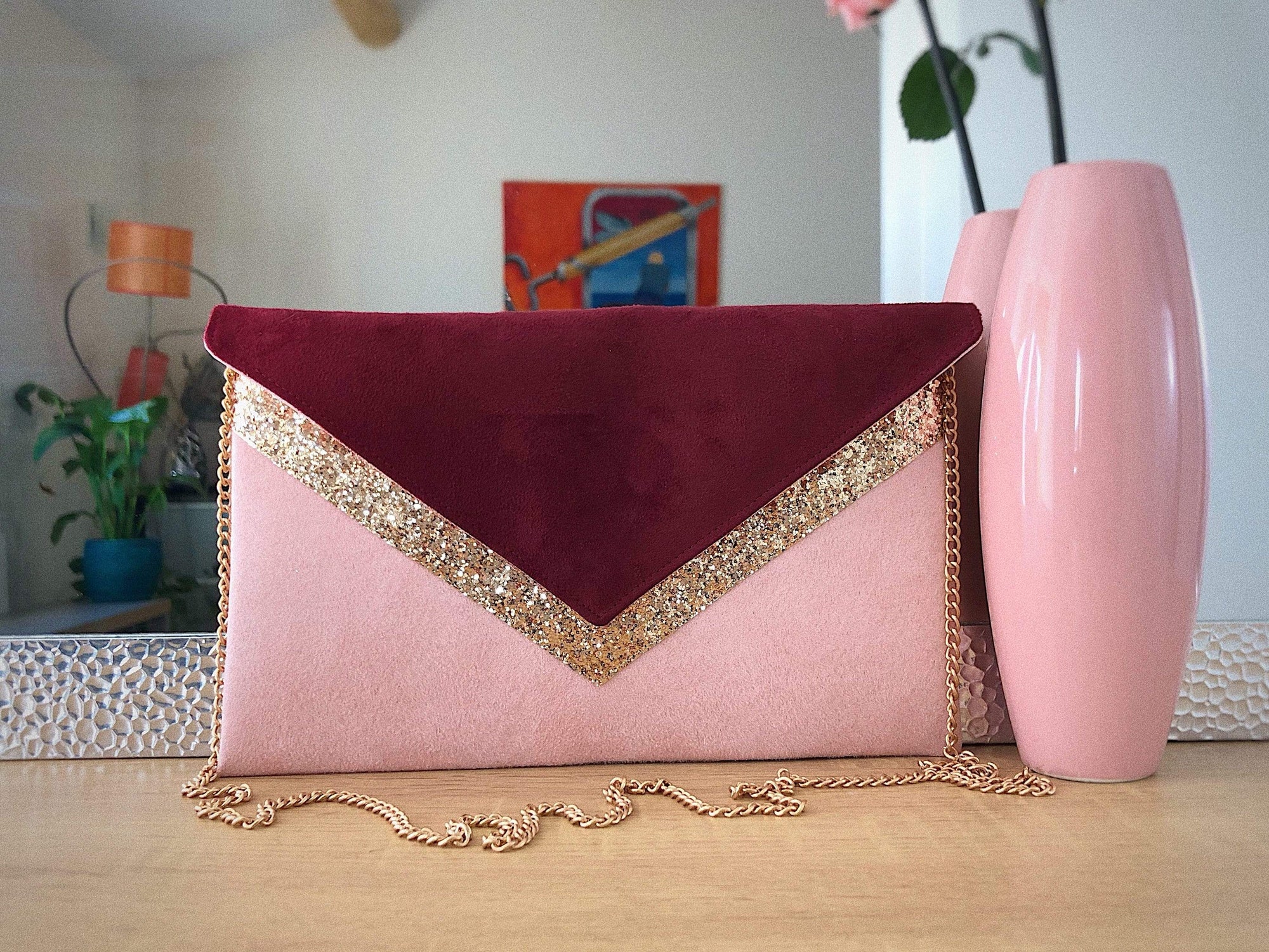 Fil des toiles Pochette Sac pochette rose pastel et bordeaux avec anse chaîne