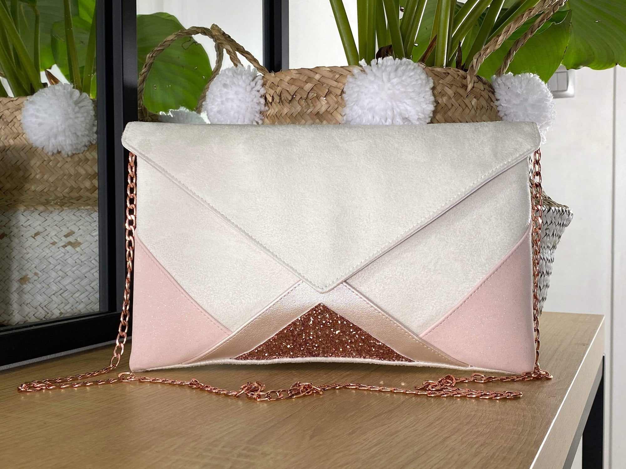 Fil des toiles Sac pochette mariage blanc cassé, rose pâle et rose gold