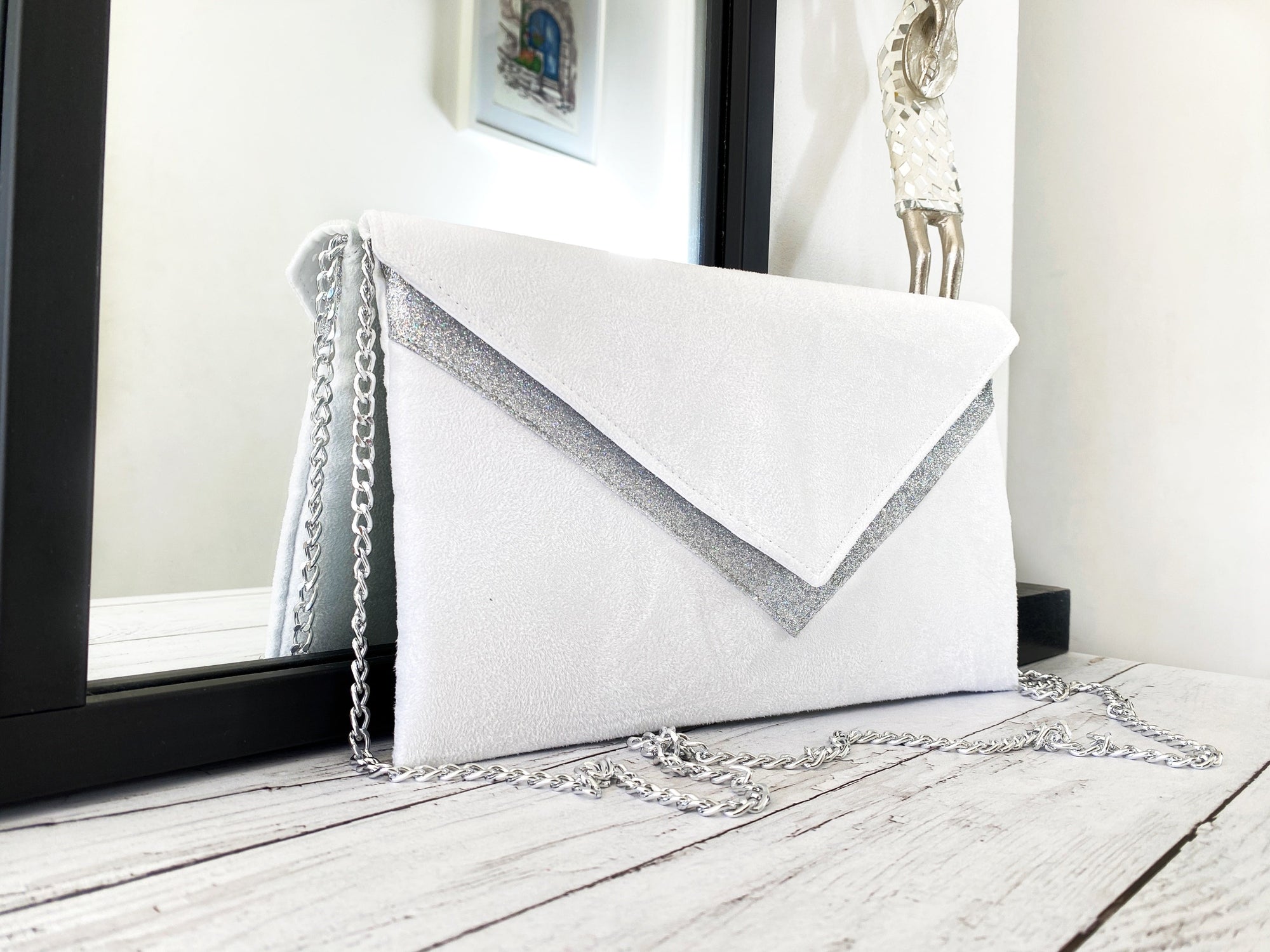 Pochette mariage blanche et argentée - pochette fil des toiles